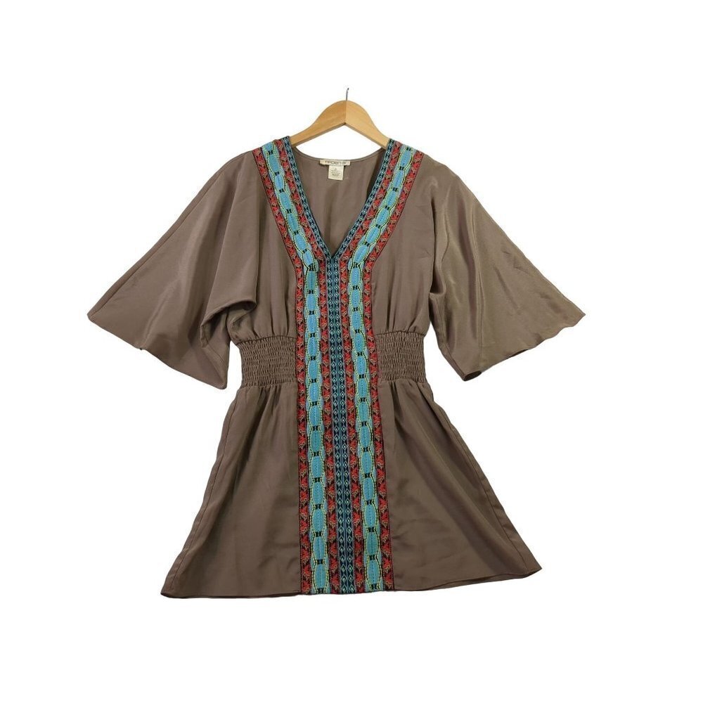 Arden B Tunic Top Womens Small Southwest Bell Sleeve V‎ Neck Embroidered Brown